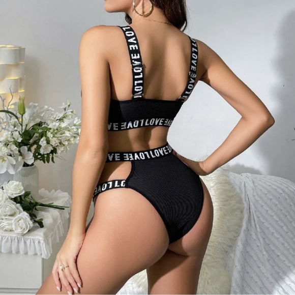 Sexy Women's 2 Piece Love Letter Print Ribbed Knit Lingerie Set Bra and Panty US - Picture 9 of 10